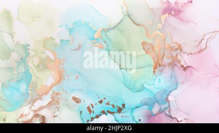 Nahaufnahme von bunten Alkoholtinten abstrakter Textur, trendige Tapete. Art for Design Projekt als Hintergrund für Einladung oder Grußkarten, Poster, Stockfoto