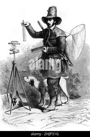 Alberto Ferrero La Marmora (1789-1863) aka Alberto della Marmora oder della Marmora, italienischer Soldat und Naturalist, mit Butterfly Net & Messinstrumenten zum Sammeln von Wildtierexemplaren auf Sardinien. Vintage Illustration oder Gravur 1865 Stockfoto