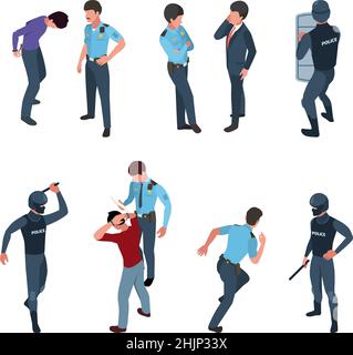Polizist isometrisch. Städtische Kraft militärischen Notdienst Personen verhaftet Rettungsschwimmer Aktionsoffiziere schießen Immobilisierung Personen grellen Vektor Stock Vektor