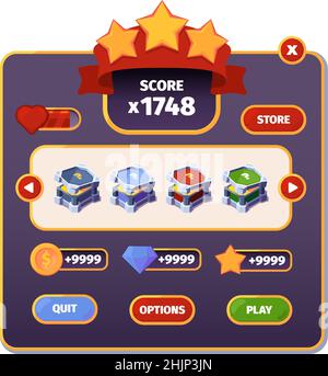 Benutzeroberfläche für Spiele. Interaktive Rahmen für die Wahl Fantasy-Boxen in Cartoon stilisierten Stil Spiel Requisiten grellen Vektor-Web-Tasten mit Platz für Text Stock Vektor