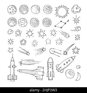 Große Reihe von Raumobjekten. Planeten und Sterne. Schönes Weltraumobjekt. Einfache Doodle-Zeichnung im kindischen Stil. Skizze umreißen. Handzeichnung isoliert auf Stock Vektor