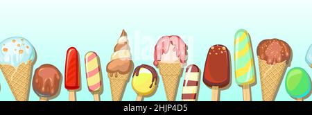 Verschiedene Eiscreme. Horizontale nahtlose Hintergrunddarstellung. In Waffelmuscheln und Zapfen. Cremig und schokoladig. Popsicle auf einem Stock. Milch und Obst Stock Vektor