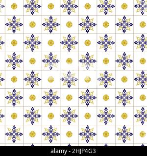 Azuleyo nahtlose Muster gelb und blau Ornament.Portugal geometrische Keramik. Stock Vektor