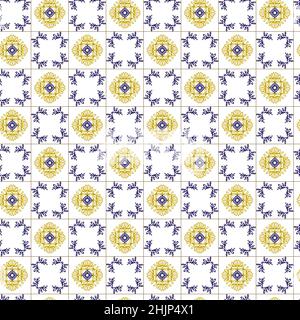 Azuleyo nahtlose Muster gelb und blau Ornament.Portugal geometrische Keramik. Stock Vektor