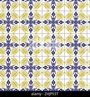 Azuleyo nahtlose Muster gelb und blau Ornament.Portugal geometrische Keramik. Stock Vektor