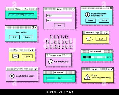 Nachrichtenfenster im Retro-Stil. PC vintage Hipster Mail Cloud, 1990s Technologie Nachrichten Interface Elemente. Trendy alten Computer-Browser ordentlich Vorlage Vektor Stock Vektor