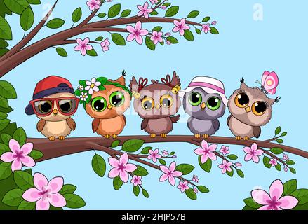 Eule am Baum. Niedliche Cartoon Eulen sitzen auf Holzzweig mit Blättern. Frühling lustige Vögel zusammen, Freundschaft und Beziehung. Wilde Tiere im Wald Stock Vektor