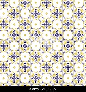 Azuleyo nahtlose Muster gelb und blau Ornament.Portugal geometrische Keramik. Stock Vektor