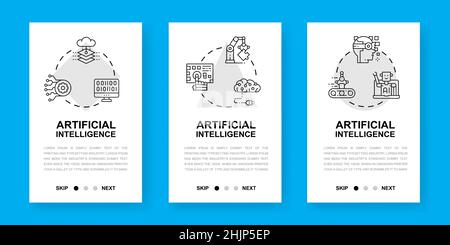 Design-Illustration für vertikale Anwendungsbildschirme von künstlicher Intelligenz. Robotics, Chatbot, Database, Big Data Mobile Banner für die Website-Entwicklung. Stock Vektor