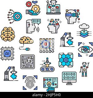 Symbole für künstliche Intelligenz gesetzt. Robotik, Chatbot, Datenbank, Big Data Icons Banner in einem Kreis isoliert auf weißem Hintergrund. Stock Vektor