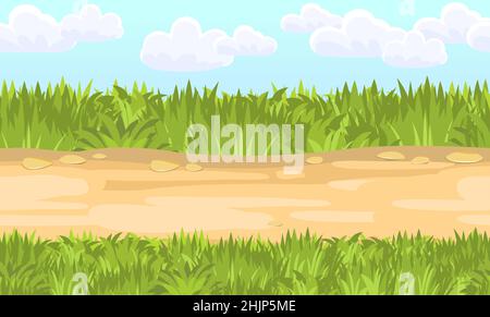 Nahtlose sandige Straße. Horizontale Rahmenzusammensetzung. Sommerwiesenlandschaft. Saftiges Gras. Ländliche, rustikale Landschaft. Cartoon-Design. Flache Kunst Stock Vektor