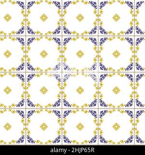 Azuleyo nahtlose Muster gelb und blau Ornament.Portugal geometrische Keramik. Stock Vektor