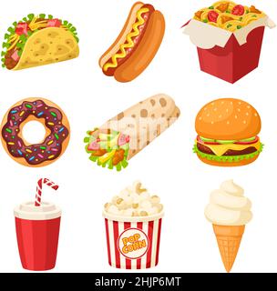 Fastfood-Cartoon. Burger, Sandwich, Frischpackung und Hot Dog. Flat Street Snacks, asiatische Lunchbox und Donuts. Cafe-Menü-Symbole, greller Vektorsatz Stock Vektor