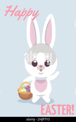 Frohe Ostern Karte. Niedlicher Hase hält Geschenkkorb mit Eiern Stock Vektor
