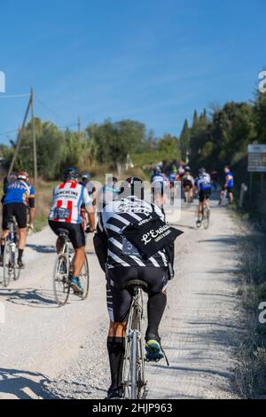 Eroica 2021, 40 km lange Strecke, die von Gaiole in Chianti startet und die Hügel von Argiano und die Straße Pievasciato hinauf fährt. Stockfoto