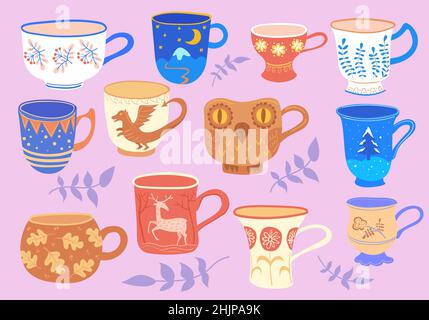 Doodle Keramikbecher. Cartoon scandinavian Cup Kollektion, flache Tassen zum Trinken von Tee oder Kaffee, Küchengeschirr mit Blumen, Frühstück Lebensmittel trendige Tassen, Vektor-Illustration. Teetassen aus Keramik in der Küche Stock Vektor