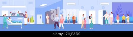 Patienten in der Krankenhaushalle. Personen warten auf Untersuchung Arzt, Rezeption medizinische Klinik, Arzttermin, Arztpraxis Rezeptionist, überprüfen Gesundheit, Splendid Vektor Illustration medizinischen Innenraum Stock Vektor