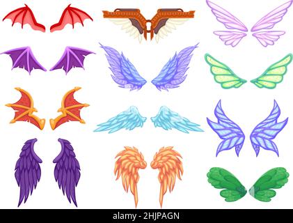 Cartoon Drachenflügel. Engel Teufel Drachen Fledermaus Fee Schwanz mythische Monster pegasus Einhorn Fantasy Tier Flügel Sammlung, fliegen geflügelte Kreatur Set Symbol Vektor Illustration. Teufelsengel und Drachenflügel Stock Vektor