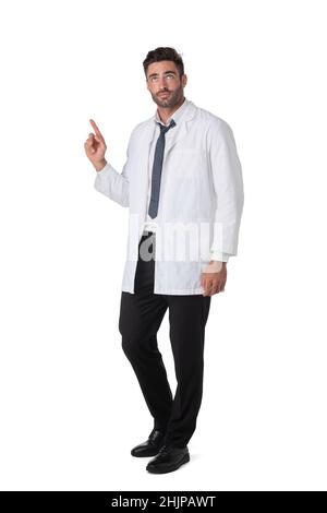 Healthcare, Beruf, Menschen und Medizin Konzept - glücklich lächelnden männlichen Arzt im weißen Mantel zeigt den Finger nach oben Stockfoto