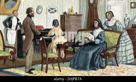 Romantisme : Portrait de George Sand (Aurore Dupin, Baronne Dudevant) (1804-1876) Recevant le poete Alfred de Musset (1810-1857) chez elle quai Malaquais a Paris - (French Poet Alfred de Musset and George Sand) Chromolithographie de la fin du 19eme siecle Collection privee Stockfoto