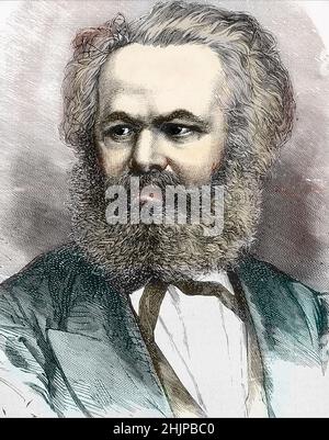 Portrait de Karl Marx (1818-1883), Philosophie et theoricien politique allemand' Portrait of Karl (Carl or Carlo) Marx Deutscher Historiker, Ökonom und Revolutionär - Gravure du 19eme siecle Collection privee Stockfoto