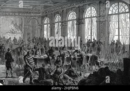 Commune de Paris, mars 1871 : la salle du trone de l'Hotel de ville de Paris - (Pariser Kommune, März 1871: Der Thronsaal des Pariser Rathauses, Pariser Aufstand 18th. März-20th. Mai 1871) Gravure 19eme siecle Collection privee Stockfoto