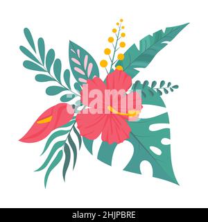 Komposition aus Bouquet mit Hibiskusblüten mit rosa Blütenblättern, tropischen Blättern und floralen Elementen auf weißem Hintergrund. Sommergarten und wild Stock Vektor