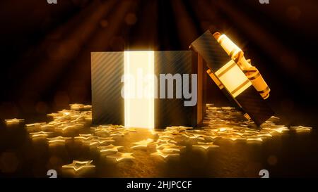 Black friday Giveaway öffnete Geschenk-Box mit Licht von innen - abstrakte 3D-Rendering Stockfoto