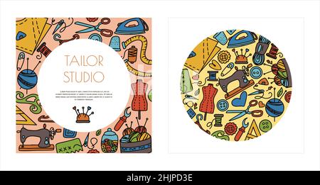 Vector Doodle Nähen Banner. Symbole für Vektoranpassungswerkzeuge. Nähen Schaufensterpuppe, Maschine, Mess-und Schneidbedarf, Black Outline. Skizze mit Stock Vektor