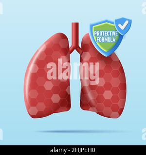 3D Darstellung gesunder menschlicher Lungen mit Schildkennzeichnung und Hexagon-Muster, Schutzformel Stock Vektor