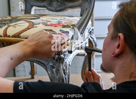 Potsdam, Deutschland. 31st Januar 2022. Der Restaurator Maximilian Busch arbeitet in den Werkstätten der Stiftung Preußische Schlösser und Gärten Berlin-Brandenburg an einem Originalsessel im Stil des Frederikers Rokoko aus der Wohnung von Prinz Heinrich im Neuen Schloss aus der Mitte des 18th. Jahrhunderts. Die Polsterung wurde in echtem Stil mit den Techniken der Zeit mit dem Füllstoff Rosshaar hergestellt und mit bedrucktem Leinen bedeckt. Die Rückenlehne ist noch original. Der Sessel aus Lindenholz wird bald wieder bewundert. Quelle: Jens Kalaene/dpa-Zentralbild/ZB/dpa/Alamy Live News Stockfoto