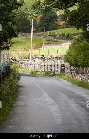 Trockensteinmauer gesäumt b5343 lokale kleine schmale Straße durch langdale Valley, Lake District, cumbria, england, großbritannien Stockfoto