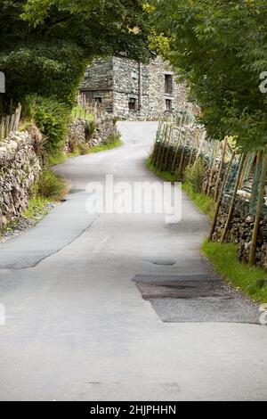 Trockensteinmauer gesäumt b5343 lokale kleine schmale Straße durch langdale Valley, Lake District, cumbria, england, großbritannien Stockfoto