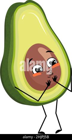 Avocado Charakter mit Liebe Emotionen, Lächeln Gesicht, Arme und Beine. Person mit glücklichem Ausdruck, Gemüse- oder Fruchtemoticon. Vektorgrafik flach Stock Vektor