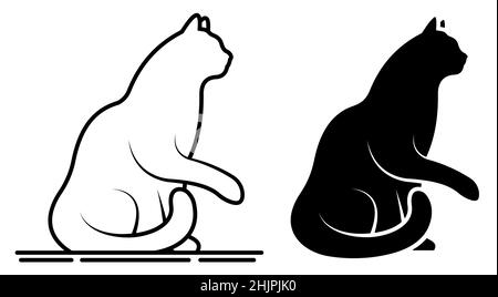 Lineares Symbol. Ausgebildete Hauskatze hob ihre Pfote und bittet um Nahrung. Silhouette von Hauskatze, Haustiere. Einfacher Schwarz-Weiß-Vektor isoliert auf Weiß Stock Vektor