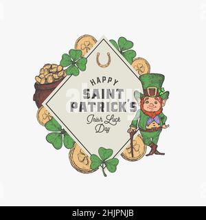 Vorlage Für Das Rahmenetikett „St. Patricks Day“. Handgezeichnete Kobold, Goldmünzen Topf und Schamrock Blatt Skizze Symbole Karte mit Retro Typografie isoliert Stock Vektor