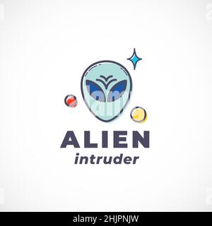 Alien Intruder Abstract Vector Sign, Symbol, Logo Template. Umreißen Sie das extraterrestrische Creature Face Silhouette mit moderner Typografie. Science Fiction Stock Vektor