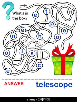 Vector Maze Spiel für Kindererziehung. Was ist in einem Karton Stock Vektor