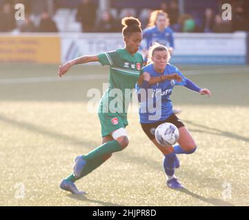 BILLERICAY, ENGLAND - JANUAR 30: L-R Coventry United LFC Elisha N'dOW hält Mia Lockett von Billericay Town Women während des FA Women's FA Cup Four Stockfoto