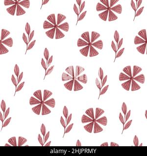 Fancy dekorative Blumen und Blätter nahtlose Muster Aquarell Illustration, einfache florale abstrakte wiederholen Ornament für trendige moderne Dekor-Ideen, alle Design-Zwecke Stockfoto