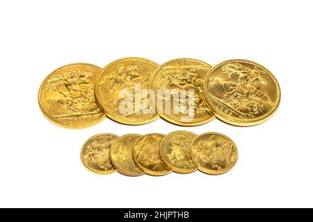 Ein Gold Sovereign Coins Bullion auf weißem Hintergrund Stockfoto