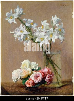 Henri Fantin-Latour Stillleben Malerei, Rosen und Lilien, 1888 Stockfoto