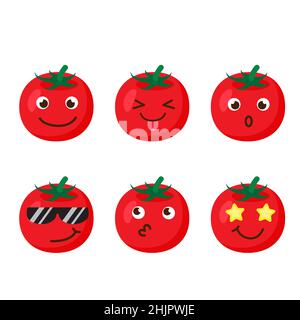 Set von Tomaten Emojis. Kawaii-Stil-Ikonen, Gemüsefiguren. Vektor-Illustration in Cartoon-flachen Stil. Set von lustigen Lächeln oder Emoticons. Gut Stock Vektor