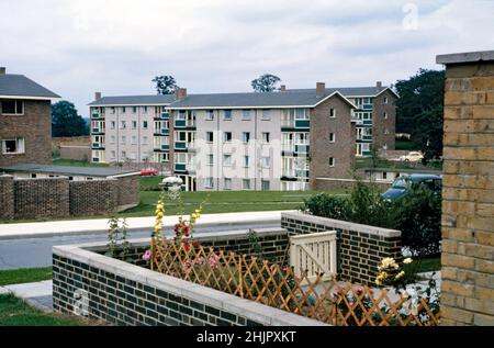 Vier-stöckige Wohnblocks in Avon Walk, in der Gossops Green Area von Crawley ‘New Town’, West Sussex, England, Großbritannien, im Jahr 1962. Auf dem Gemeinschaftsgrün wurde ein Kinderwagen an der frischen Luft gelassen – vielleicht etwas, das heute nicht passieren würde. Das Viertel, westlich des Stadtzentrums, war eines von 14 Vororten, die zur Schaffung der ‘neuen Stadt’ nach dem Krieg entwickelt wurden. Nach dem Zweiten Weltkrieg wurden viele Menschen und Arbeitsplätze in die neuen Städte im Südosten Englands verlegt, um diejenigen in Londons armen oder bombardierten Wohnungen zu verlagern, und Crawley war das einzige von ihnen – ein altes Foto aus dem Jahr 1960s. Stockfoto