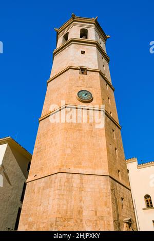 Blick auf den Turm El Fadri im Castello de la Plana in Spanien, der der freistehende Glockenturm der Co-Kathedrale der Stadt ist Stockfoto