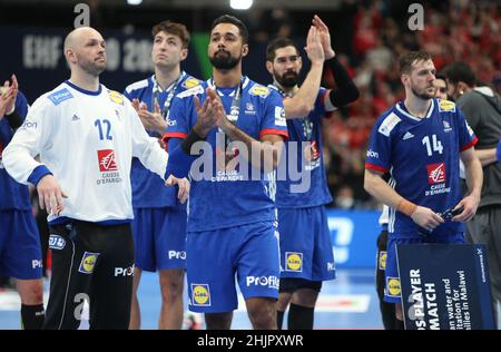 Melvyn Richardson , Vincent Grard aus Frankreich während des EHF Men's Euro 2022, Placement Match 3/4 Handballspiel zwischen Frankreich und Dänemark am 30. Januar 2022 in der Budapest Multifunctional Arena in Budapest, Ungarn - Foto Laurent Lairys / MAXPPP Stockfoto