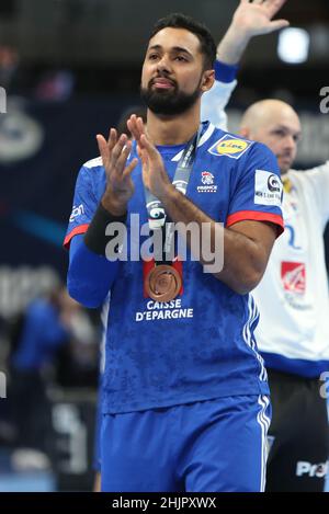 Melvyn Richardson aus Frankreich während des EHF Men's Euro 2022, Placement Match 3/4 Handballmatches zwischen Frankreich und Dänemark am 30. Januar 2022 in der Budapest Multifunctional Arena in Budapest, Ungarn - Foto Laurent Lairys / MAXPPP Stockfoto