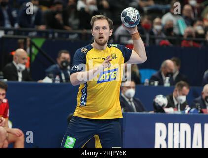 Albin Lagergren aus Schweden während der EHF Men's Euro 2022, Finales Handballspiel zwischen Schweden und Spanien am 30. Januar 2022 in der Budapest Multifunctional Arena in Budapest, Ungarn - Foto Laurent Lairys / MAXPPP Stockfoto