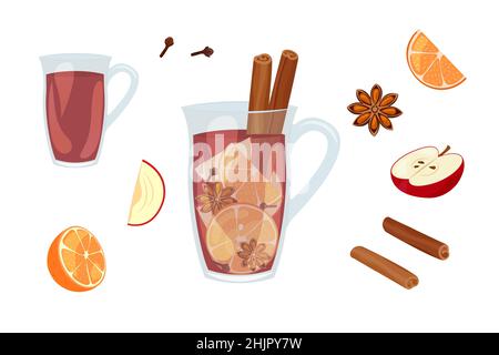 Set mit Zutaten für Glühwein. Isolierte Lebensmittel Zimt, Anis, Orange, Nelken, Rotwein und Apfel. Glaskrug mit heißem Wintergetränk. Vektordarstellung Stock Vektor