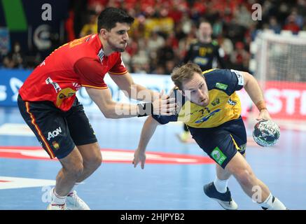 Albin Lagergren aus Schweden während der EHF Men's Euro 2022, Finales Handballspiel zwischen Schweden und Spanien am 30. Januar 2022 in der Budapest Multifunctional Arena in Budapest, Ungarn - Foto Laurent Lairys / MAXPPP Stockfoto